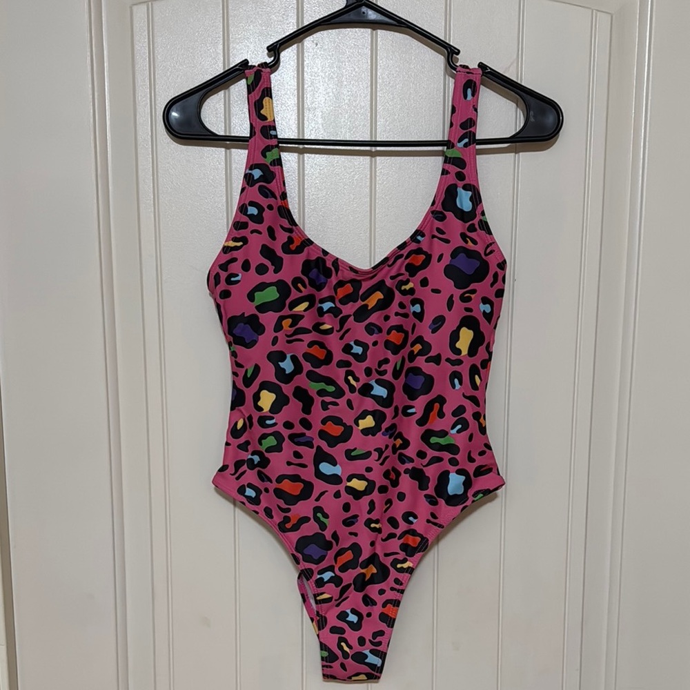 Vibrant Pink Leopard Print One Piece Swimsuit with 80s look